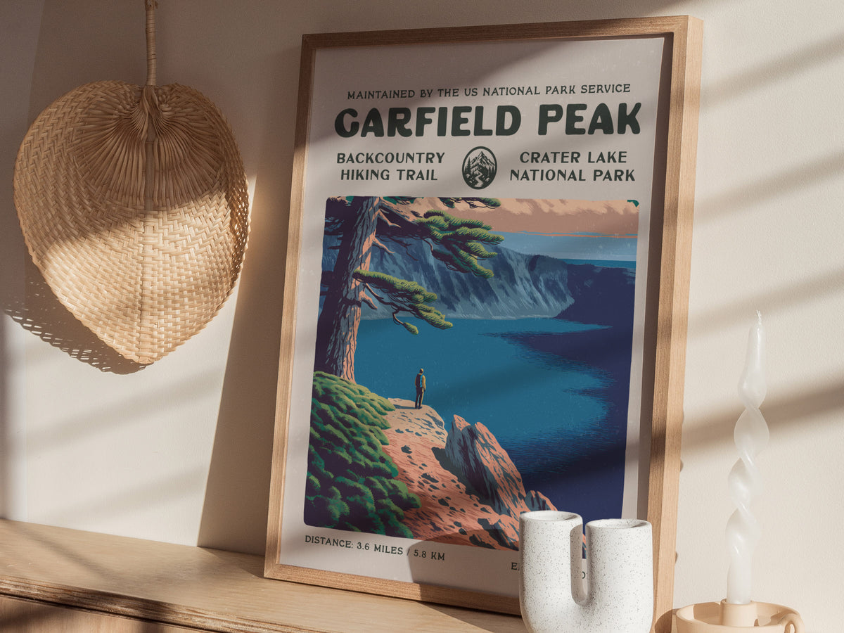 Garfield Peak, Crater Lake National Park Poster | Hiker Gift | Backcountry Trail Wall Art — styled in a modern interior