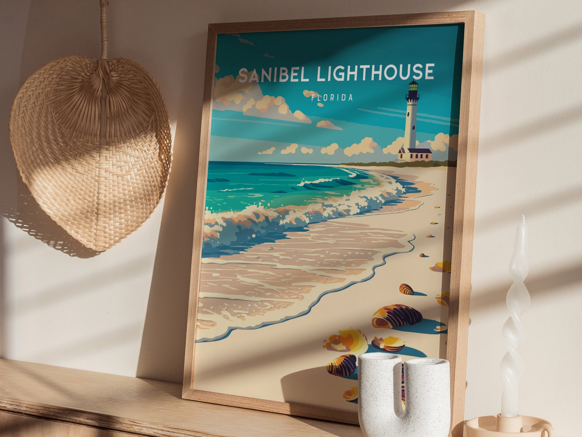 Sanibel Lighthouse, Florida Poster | Gulf Coast Beacon Coastal Decor Wall Art — styled in a modern interior