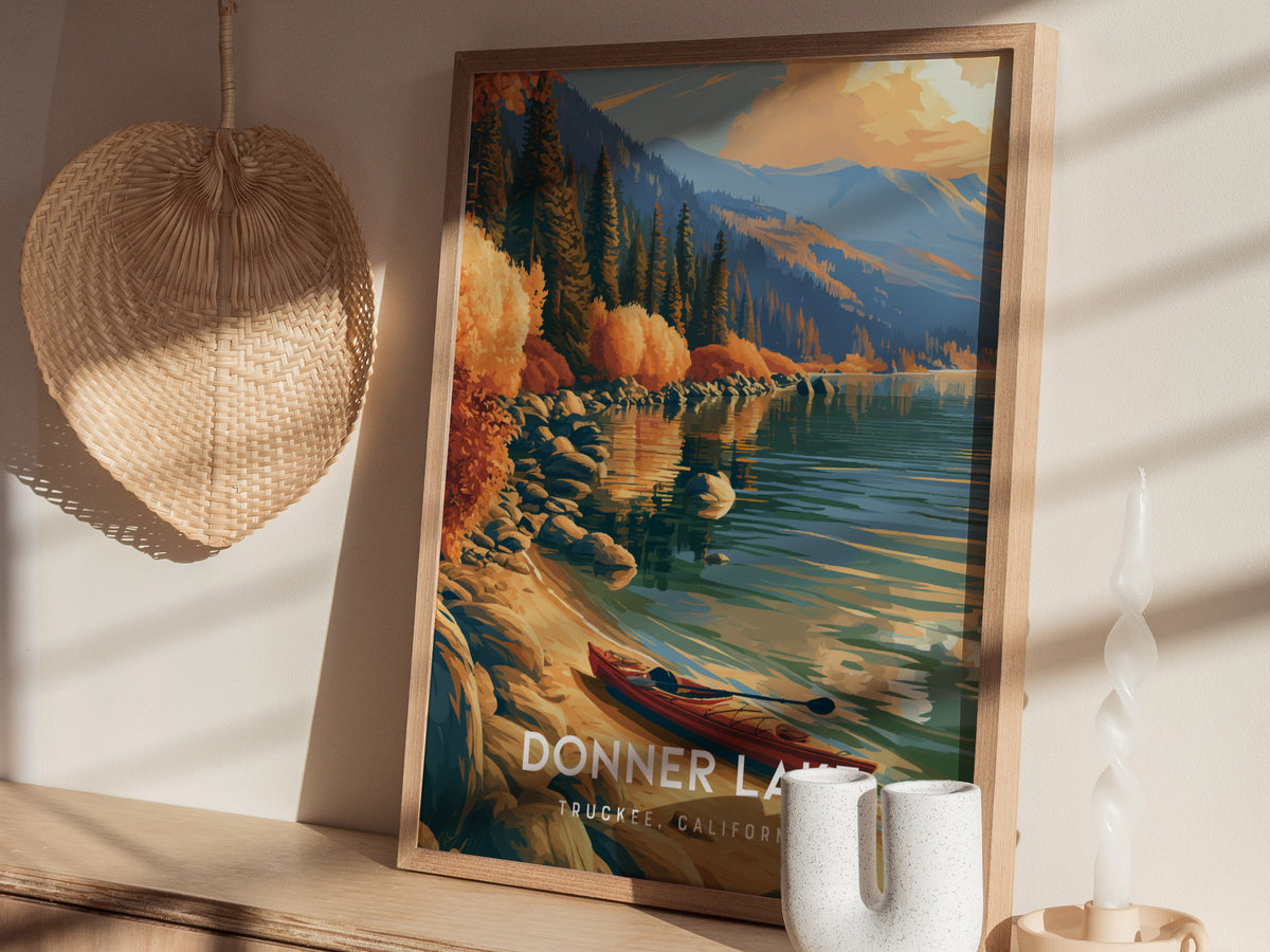 Donner Lake, Truckee, California Poster | Mountain Lake Travel Wall Art — styled in a modern interior