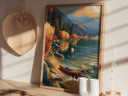 Donner Lake, Truckee, California Poster | Mountain Lake Travel Wall Art — styled in a modern interior