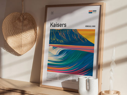 Kaisers, Hawaii Poster | Golden Surf & Diamond Head Wall Art — styled in a modern interior