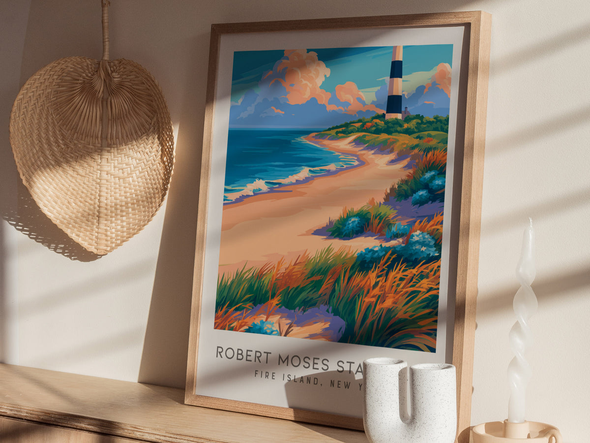 Robert Moses State Park Matte Border Poster | Fire Island, New York Beach House Decor — styled in a modern interior