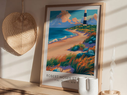 Robert Moses State Park Matte Border Poster | Fire Island, New York Beach House Decor — styled in a modern interior