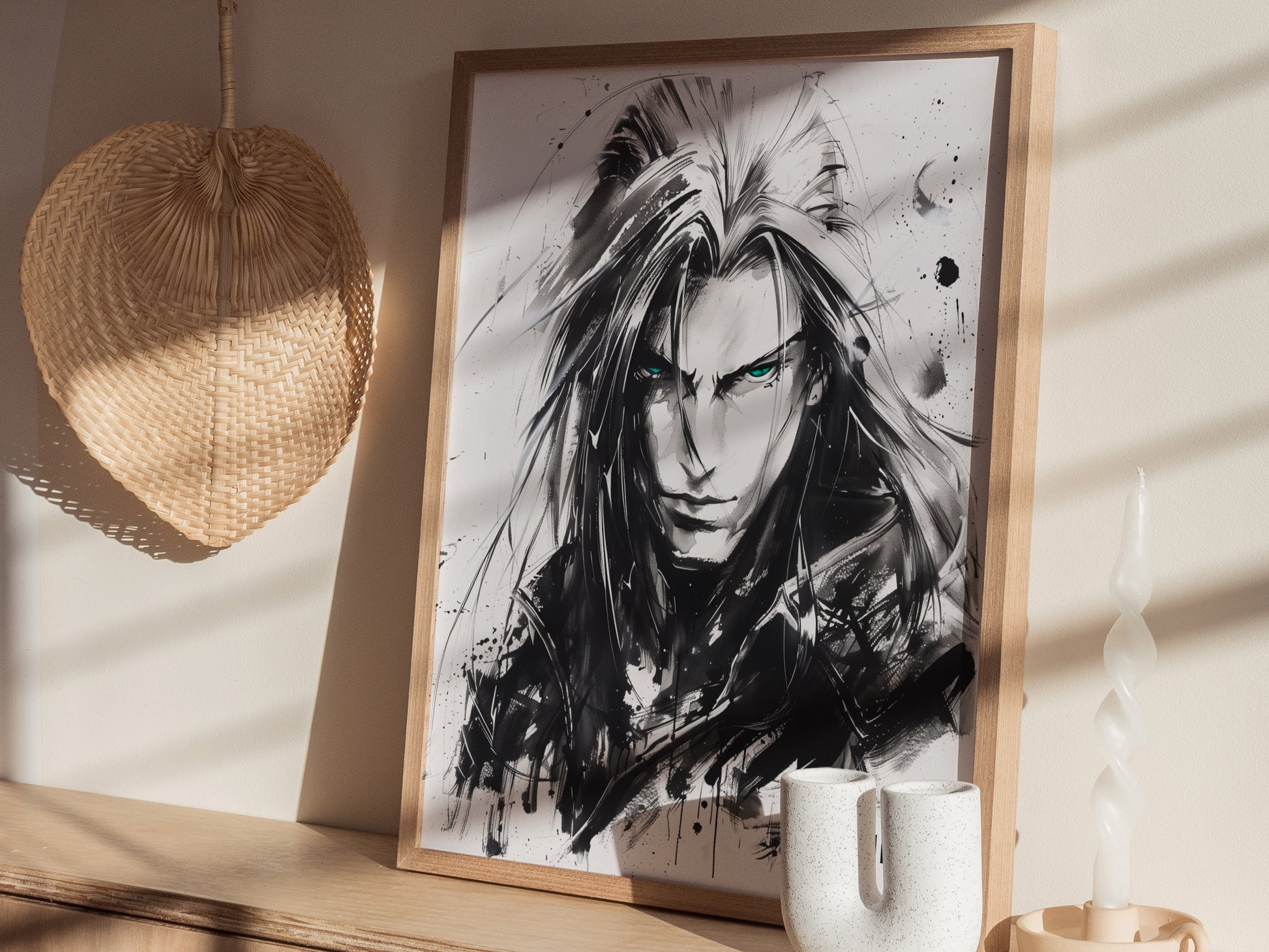 A framed black and white poster of a character with long hair and intense eyes is displayed on a wooden shelf, accompanied by a wicker fan and a twisted candle.