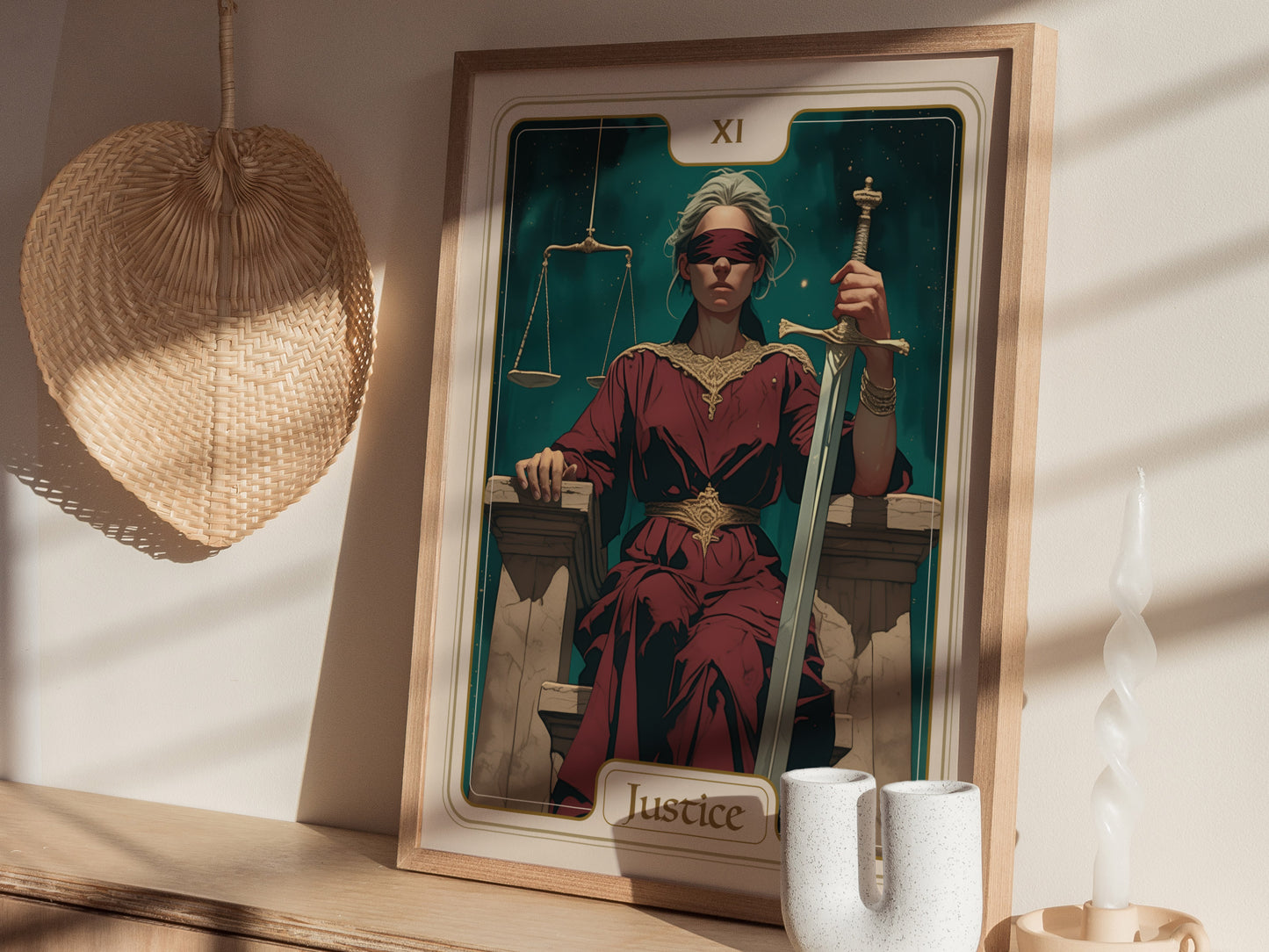 A framed poster of the Justice Tarot card features a seated figure in a red robe, holding a double-edged sword and scales, set against a dark, celestial background.