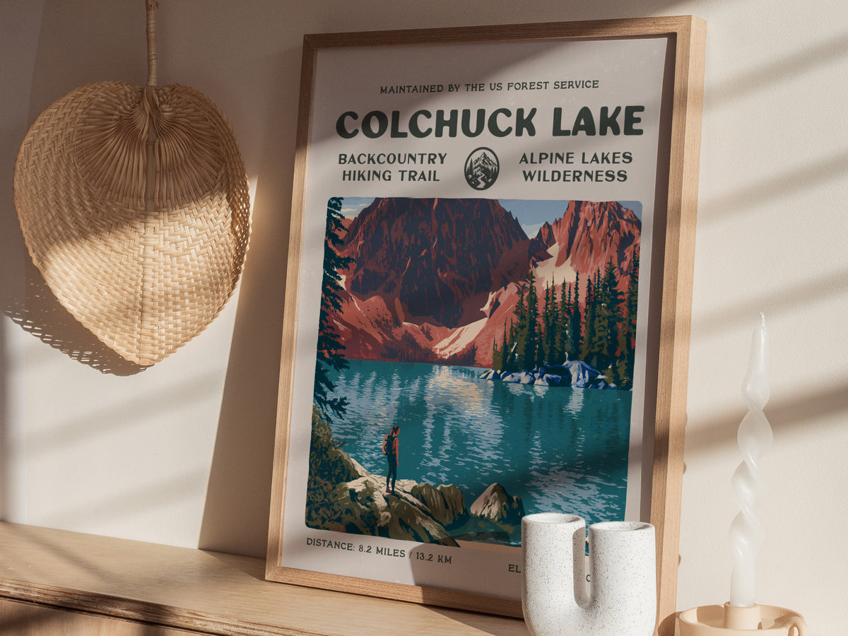 Colchuck Lake, Alpine Lakes Wilderness Poster | Hiker Gift | Backcountry Trail Wall Art — styled in a modern interior