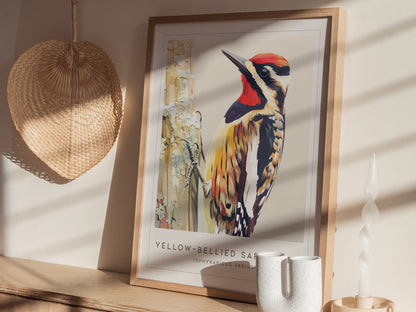 Yellow-bellied Sapsucker, Sphyrapicus varius Poster | Woodland Bird Wall Art — styled in a modern interior