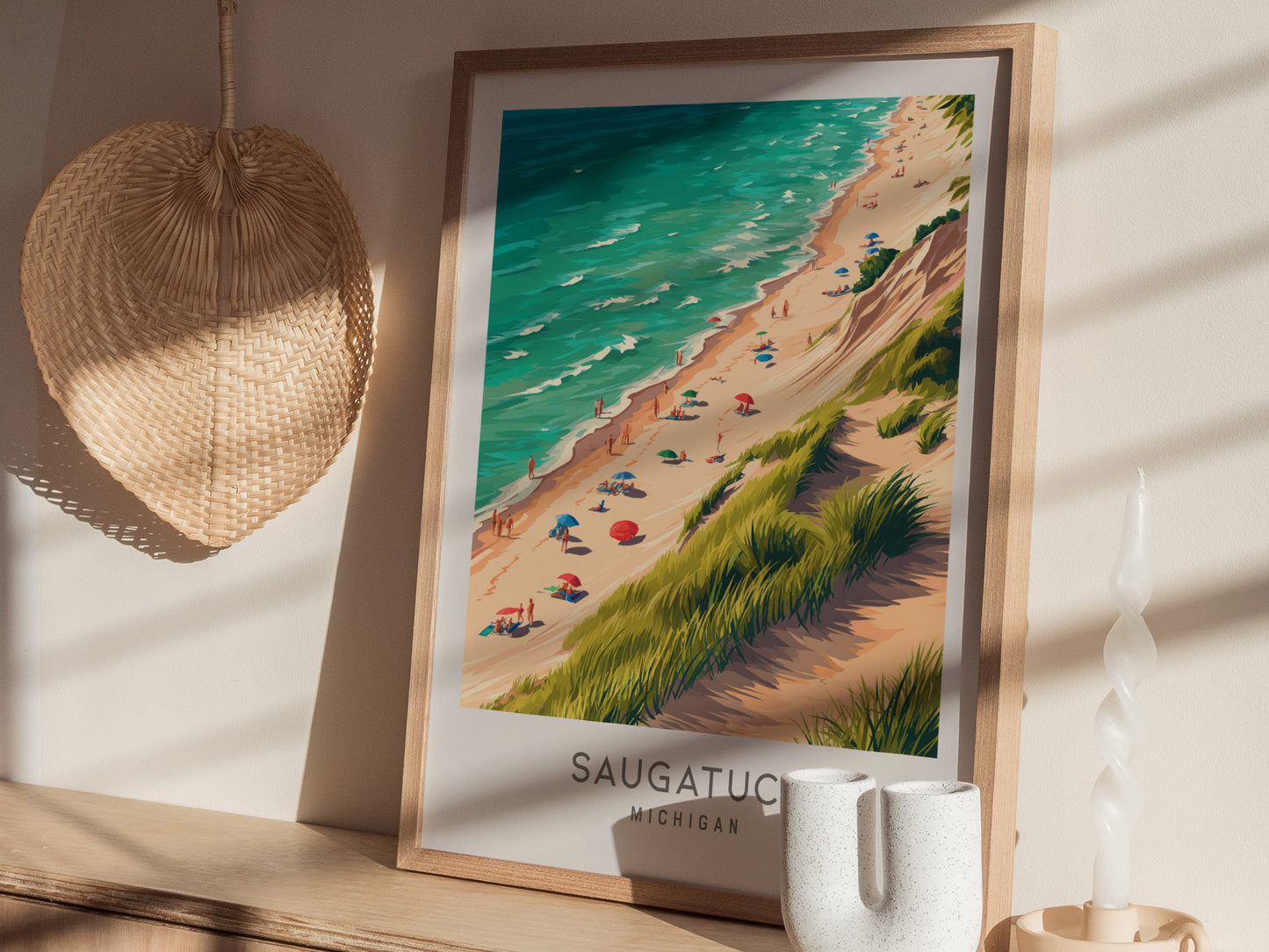 Saugatuck Matte Border Poster | Michigan Coastal Beach Decor Travel Wall Art — styled in a modern interior