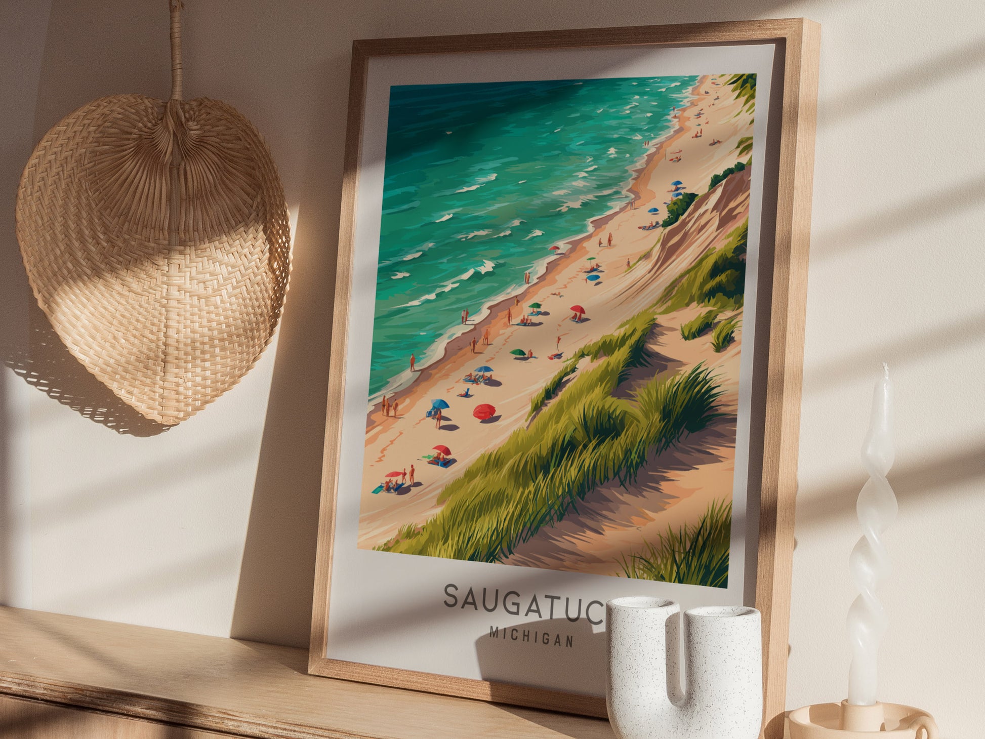 Saugatuck Matte Border Poster | Michigan Coastal Beach Decor Travel Wall Art — styled in a modern interior