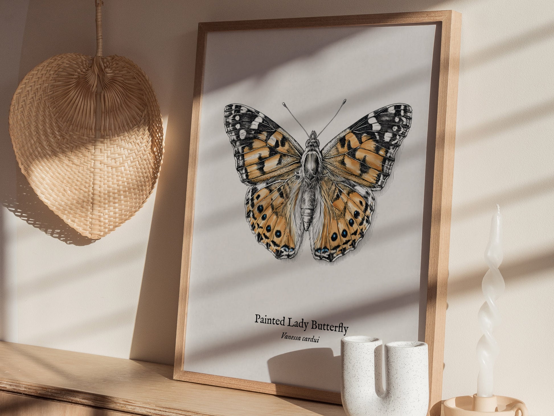 Painted Lady Butterfly Poster | Vintage Vanessa cardui Zoological Illustration Wall Art — styled in a modern interior