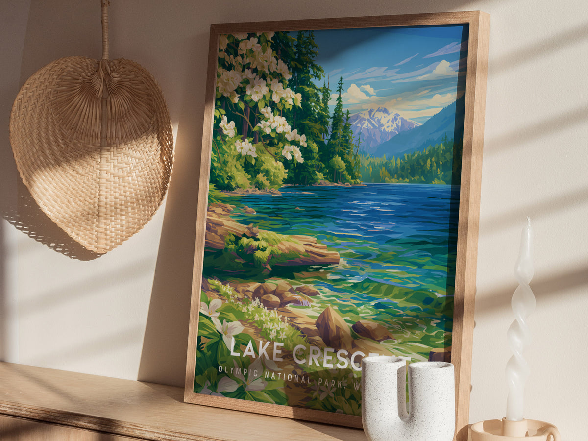 Lake Crescent, Olympic National Park, Washington Poster | Misty Mountain Wilderness Travel Wall Art — styled in a modern inte