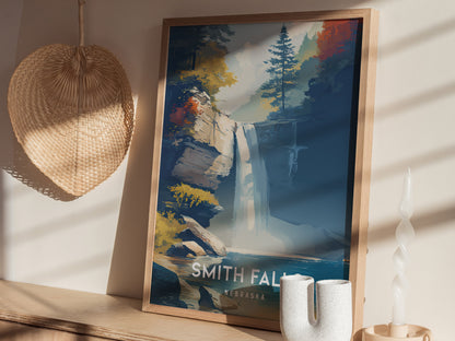 Smith Falls, Nebraska Poster | Waterfall Adventure Destination Print Wall Art — styled in a modern interior