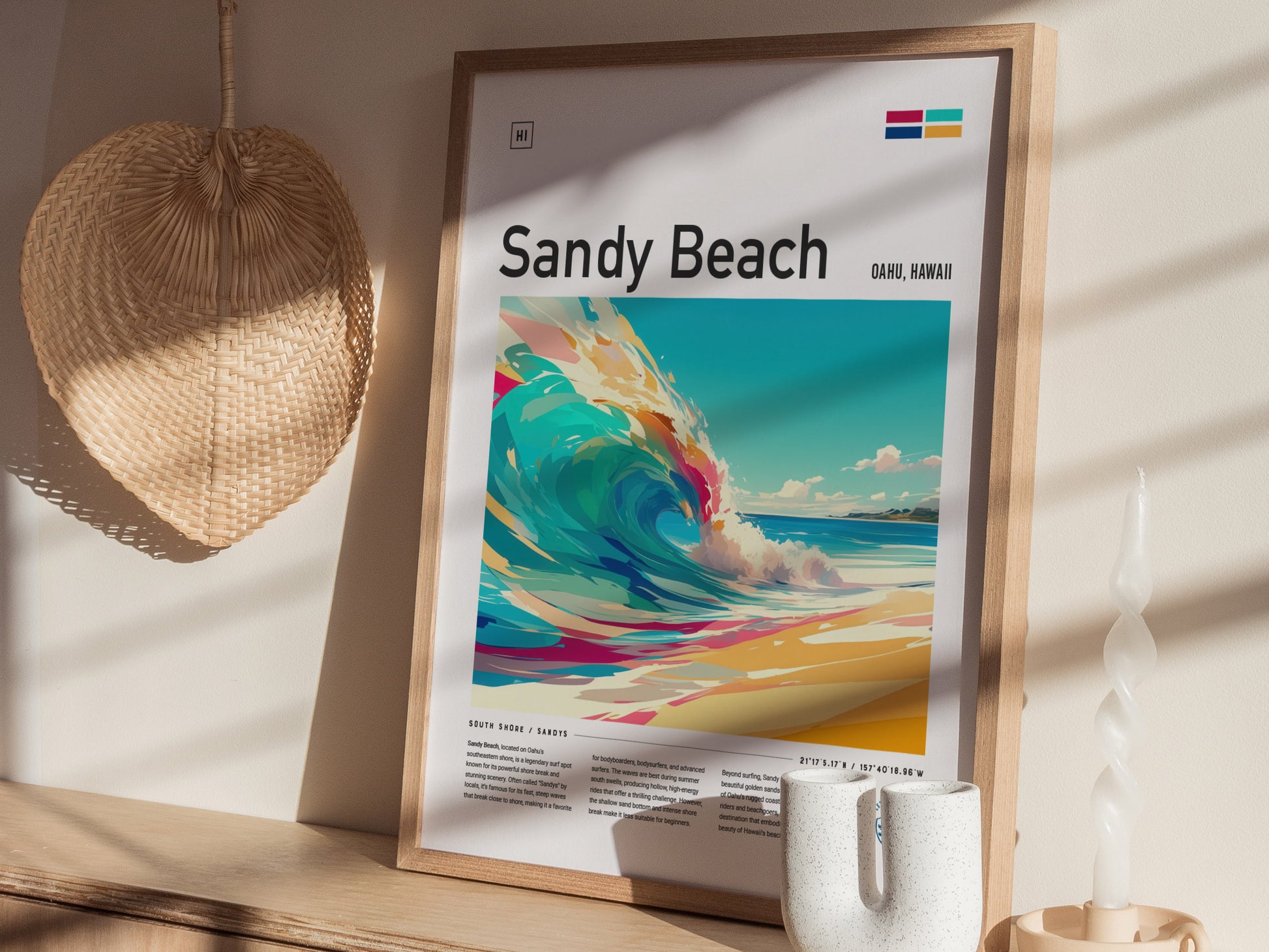 A framed poster titled Sandy Beach features a vibrant wave illustration. Its displayed on a wooden shelf with a woven wall decoration and a twisted candle nearby.