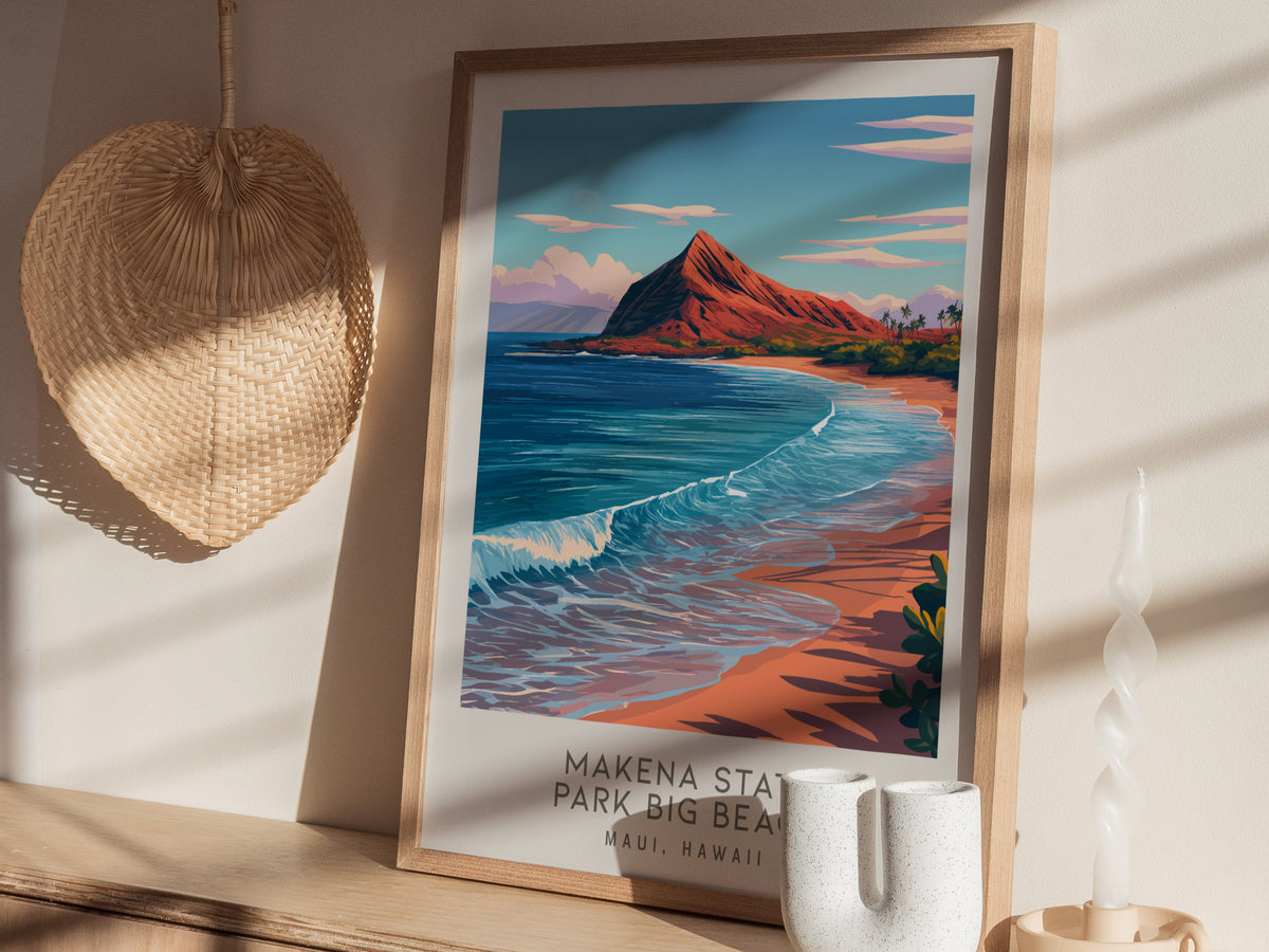 Makena State Park Big Beach Matte Border Poster | Maui, Hawaii Destination Print Travel Wall Art — styled in a modern interio