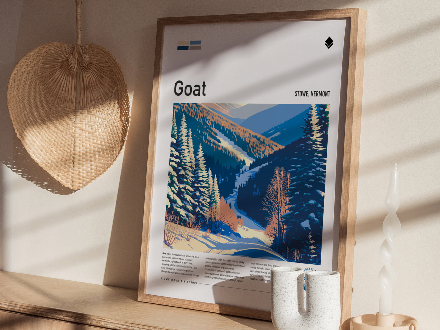 Goat, Stowe Poster | Mountain Goat Ski Trail Wall Art — styled in a modern interior