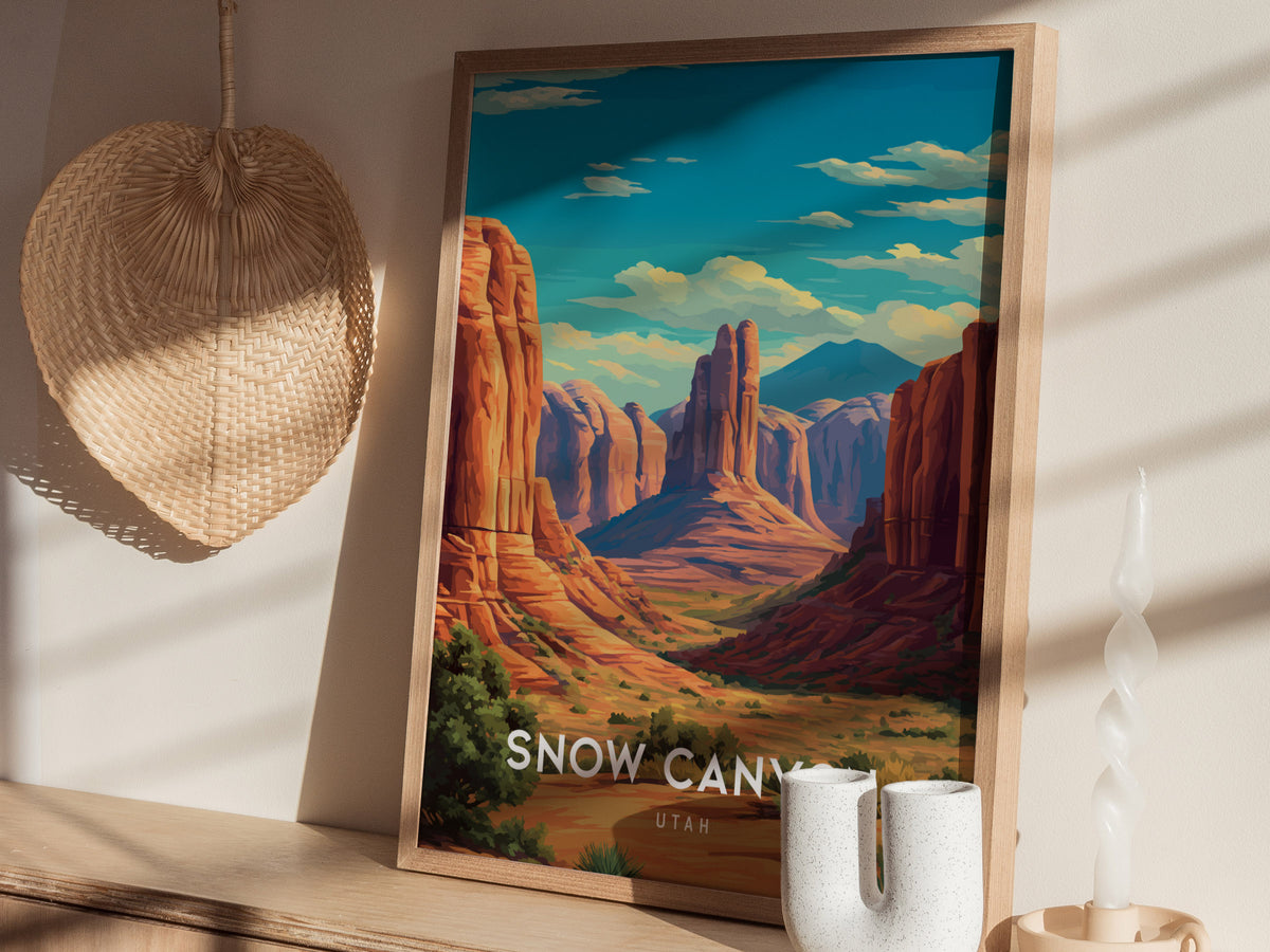 Snow Canyon, Utah Poster | Red Rock Desert Destination Print Wall Art — styled in a modern interior