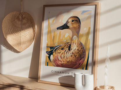 Cinnamon Teal, Spatula cyanoptera Poster | Vibrant Wetland Bird Wall Art — styled in a modern interior