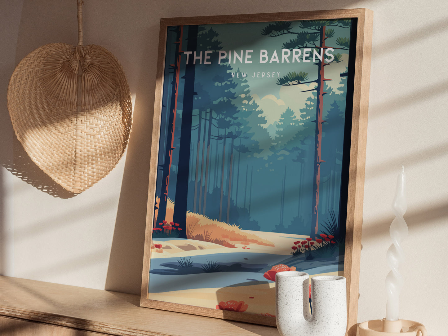 The Pine Barrens, New Jersey Poster | Misty Pines & Cranberry Bogs Wall Art — styled in a modern interior
