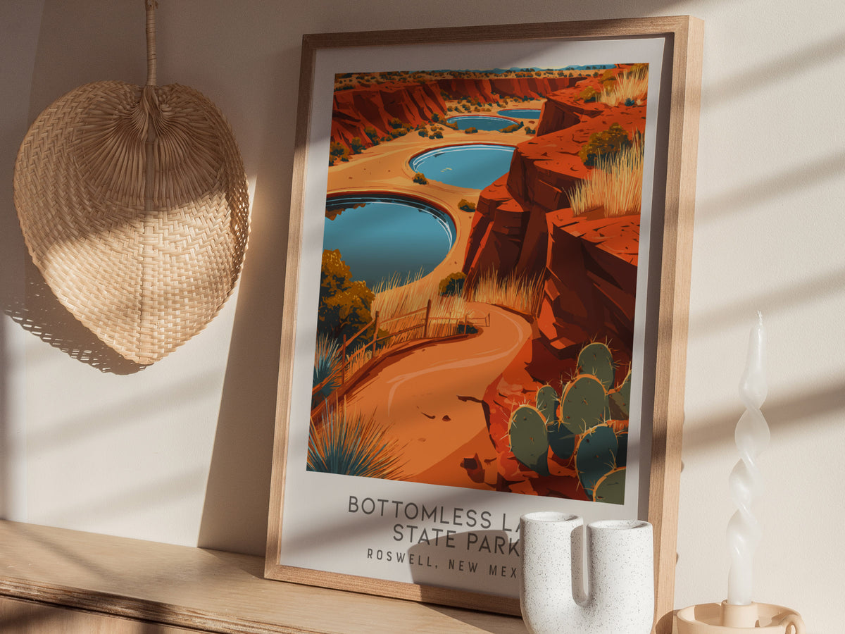 Bottomless Lakes State Park Matte Border Poster | Roswell, New Mexico Travel Wall Art — styled in a modern interior