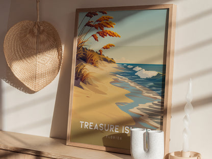 Treasure Island, Florida Poster | Sunset Beach & Lifeguard Tower Wall Art — styled in a modern interior