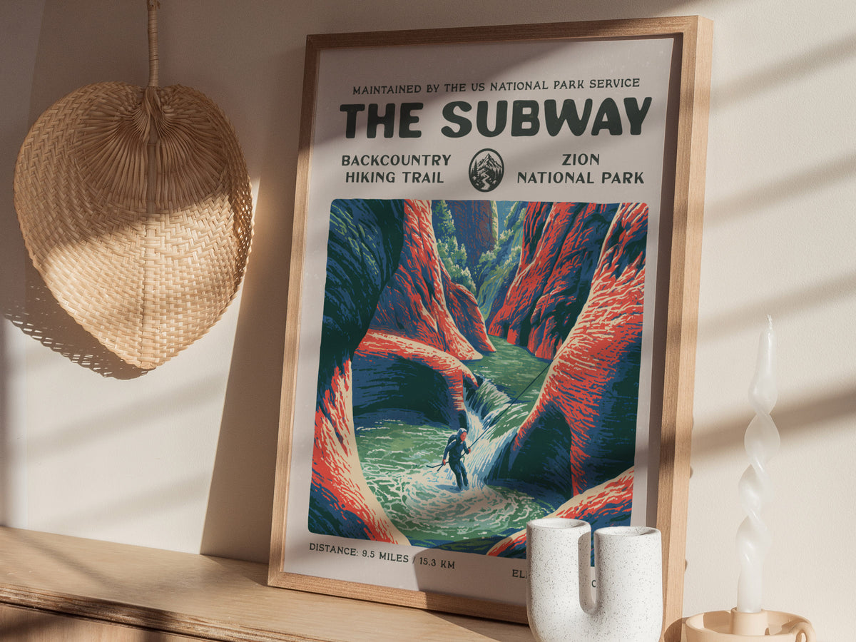 The Subway, Zion National Park Poster | Hiker Gift | Backcountry Canyon Trail Wall Art — styled in a modern interior