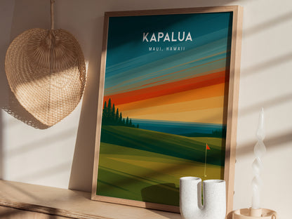 Kapalua Plantation Course, Maui, Hawaii Poster | Tropical Links Golfer Gift Wall Art — styled in a modern interior