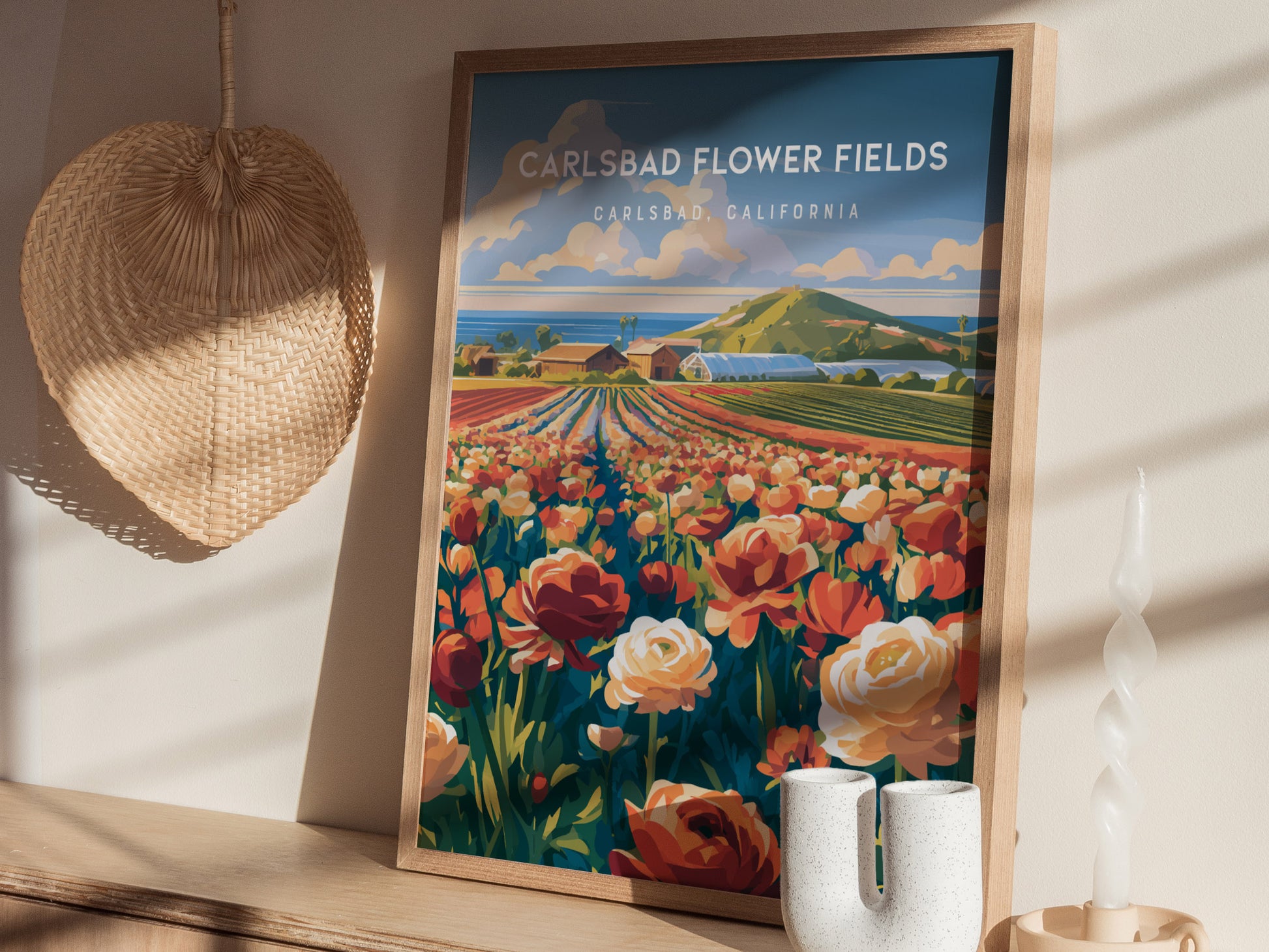 Carlsbad Flower Fields, California Poster | Vibrant Blooms & Coastal Views Wall Art — styled in a modern interior