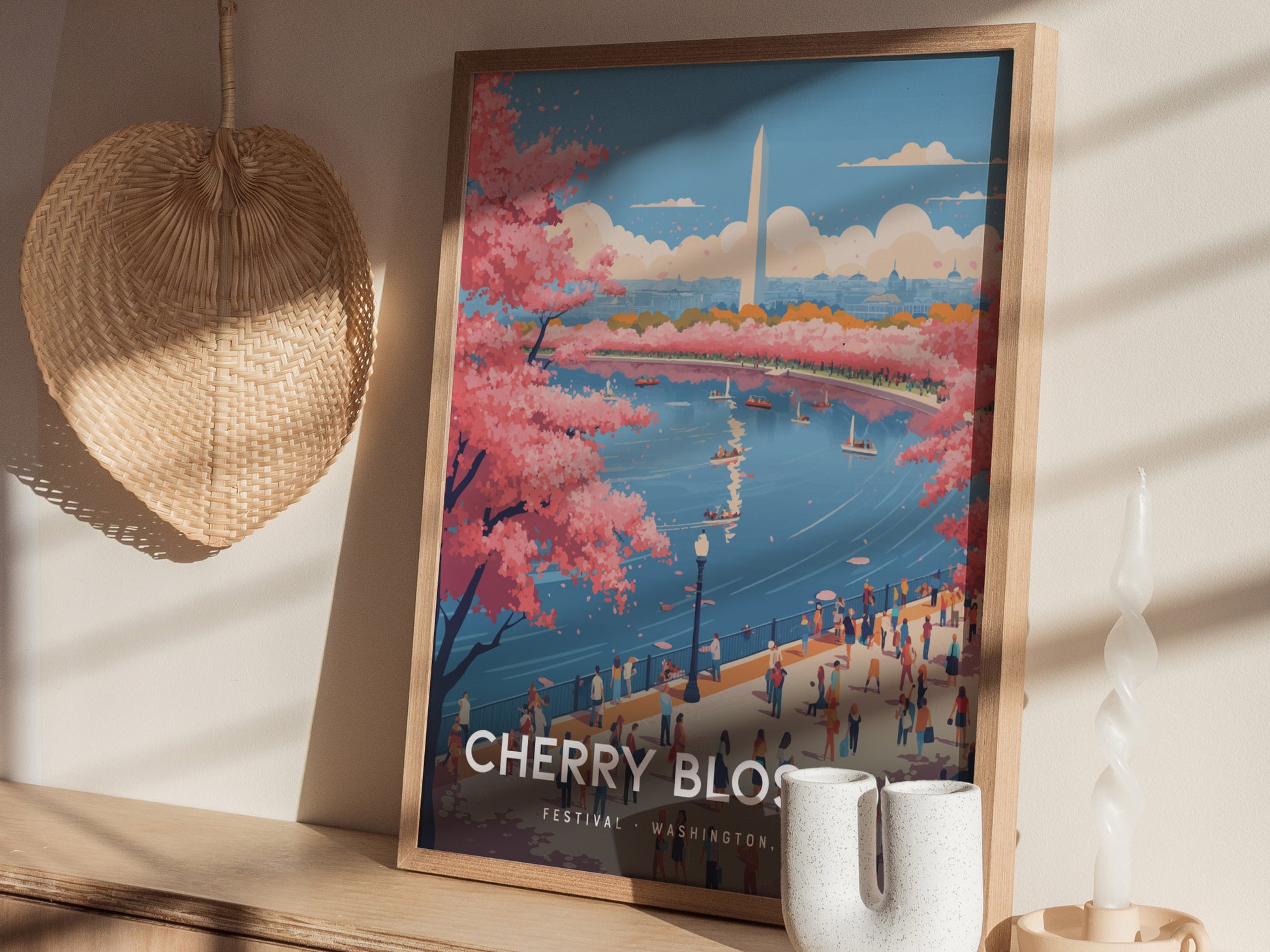 A framed poster depicts a vibrant scene of Washington DCs Cherry Blossom Festival, featuring pink cherry trees, the Washington Monument, and a bustling waterfront with boats.