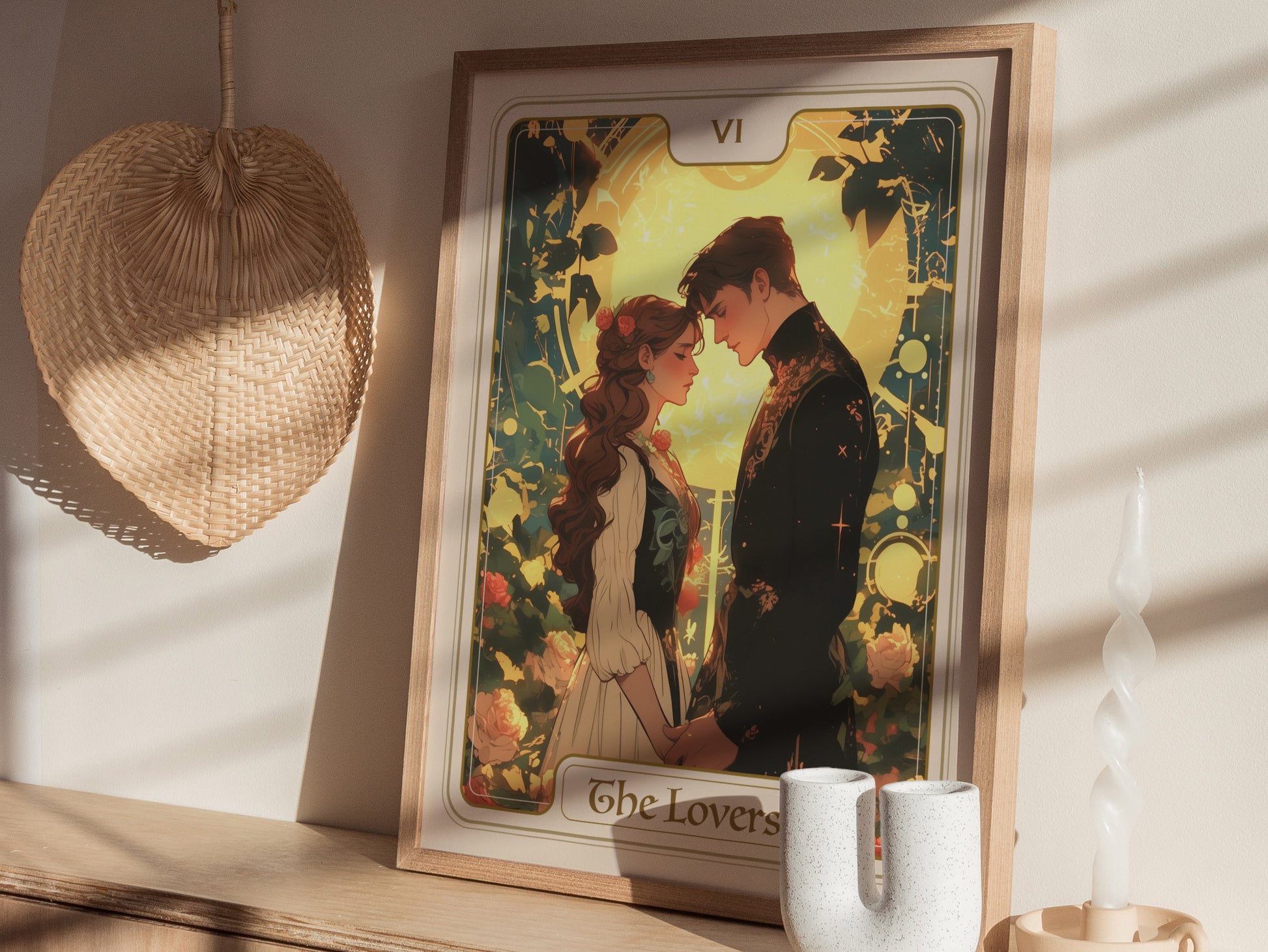 A beautifully framed poster of The Lovers Tarot card, showcasing two figures standing close together with a romantic aura. The Art Nouveau-inspired illustration features lush greenery and a radiant background, symbolizing love and harmony.