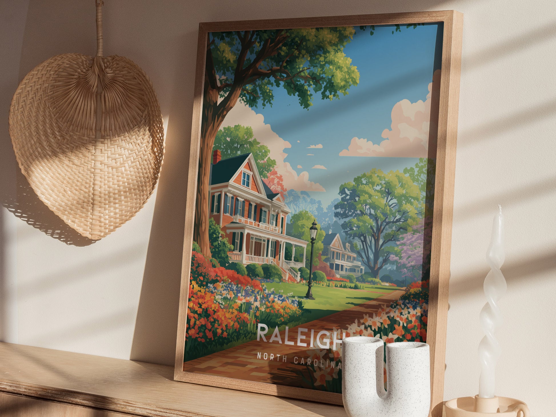 Raleigh, North Carolina Poster | Oak City Skyline Destination Print Wall Art — styled in a modern interior