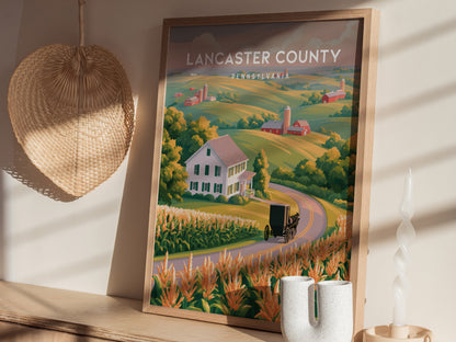 Lancaster County, Pennsylvania Poster | Rolling Farmland & Covered Bridge Wall Art — styled in a modern interior