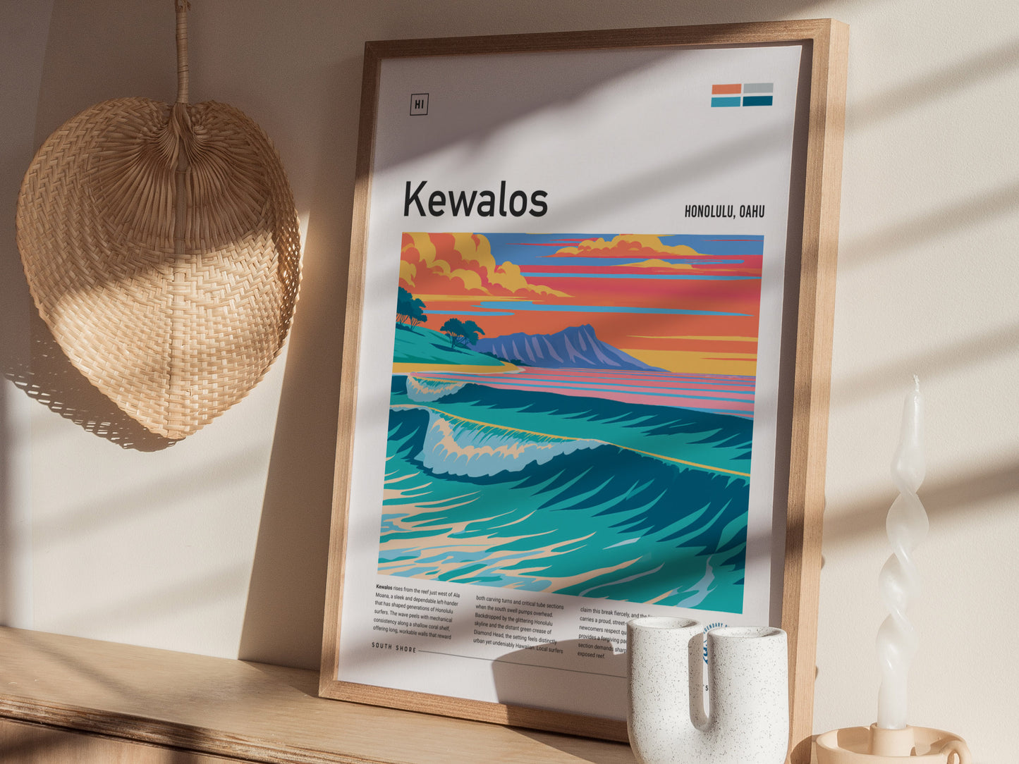 Kewalos, Hawaii Poster | Golden Surf & Diamond Head Wall Art — styled in a modern interior