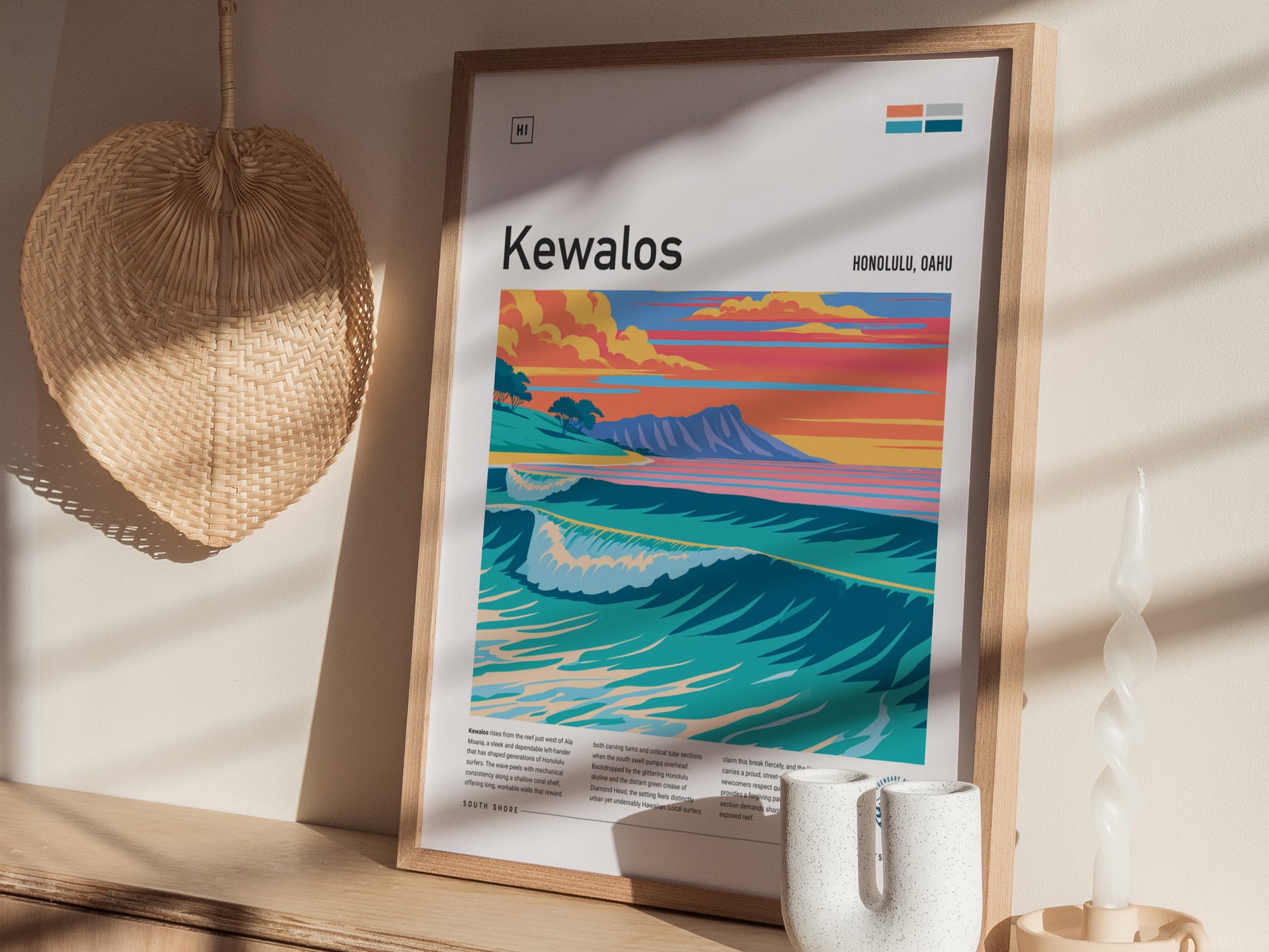 Kewalos, Hawaii Poster | Golden Surf & Diamond Head Wall Art — styled in a modern interior
