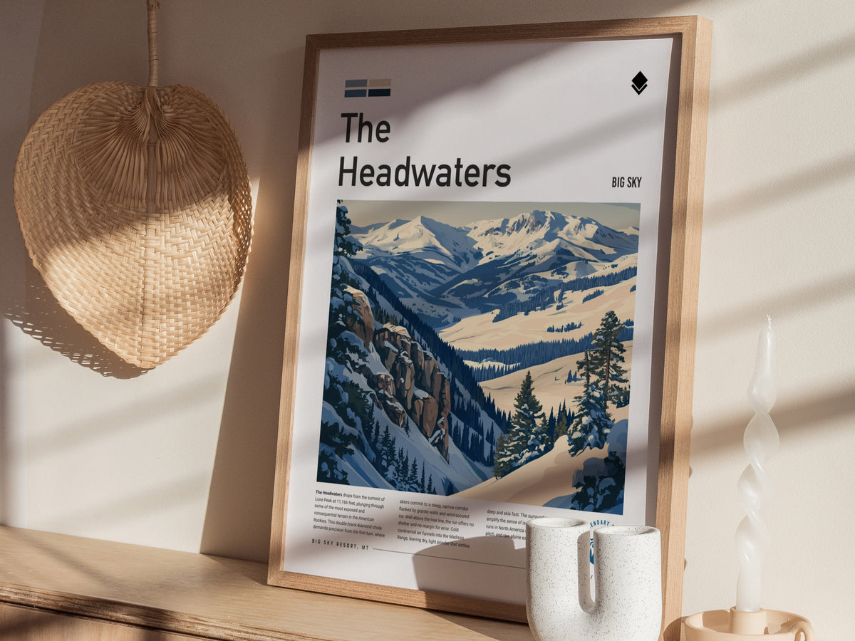 The Headwaters, Big Sky Montana Poster | Ski Lodge Decor Alpine Print Wall Art — styled in a modern interior