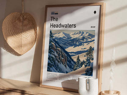 The Headwaters, Big Sky Montana Poster | Ski Lodge Decor Alpine Print Wall Art — styled in a modern interior
