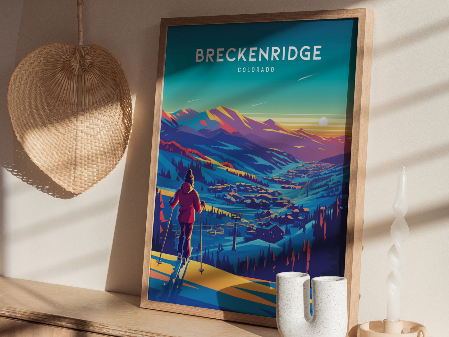 A colorful framed poster depicts a skier overlooking Breckenridge, Colorado at sunset. The scene includes vibrant mountains and a village, with a woven hat and candle nearby.