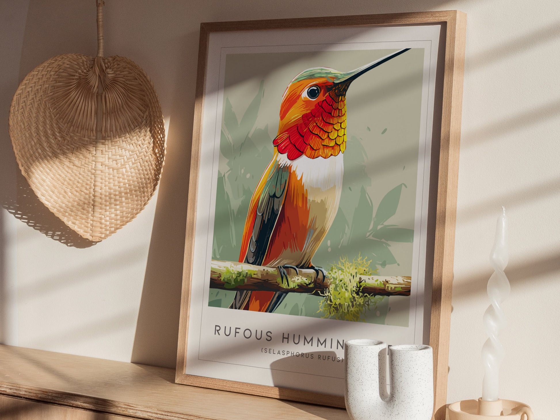 Rufous Hummingbird, Selasphorus rufus Poster | Vibrant Bird Wall Art — styled in a modern interior