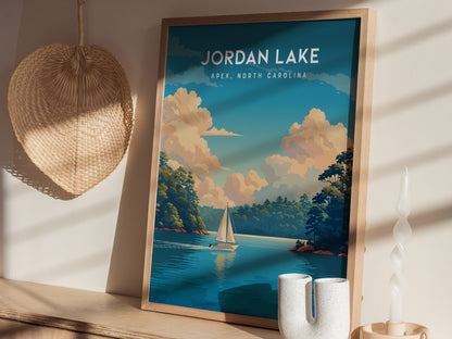 Jordan Lake, Apex, North Carolina Poster | Lakeside Serenity Travel Wall Art — styled in a modern interior
