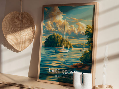 Lake Keowee, South Carolina Poster | Lakeside Mountain Retreat Wall Art — styled in a modern interior