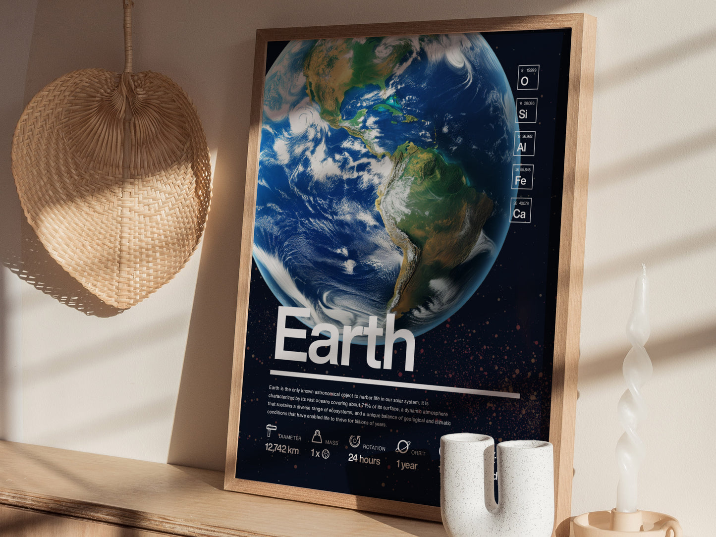 A framed poster of Earth is displayed on a wooden shelf, with a woven fan and decorative candle nearby. Sunlight casts soft shadows across the scene.