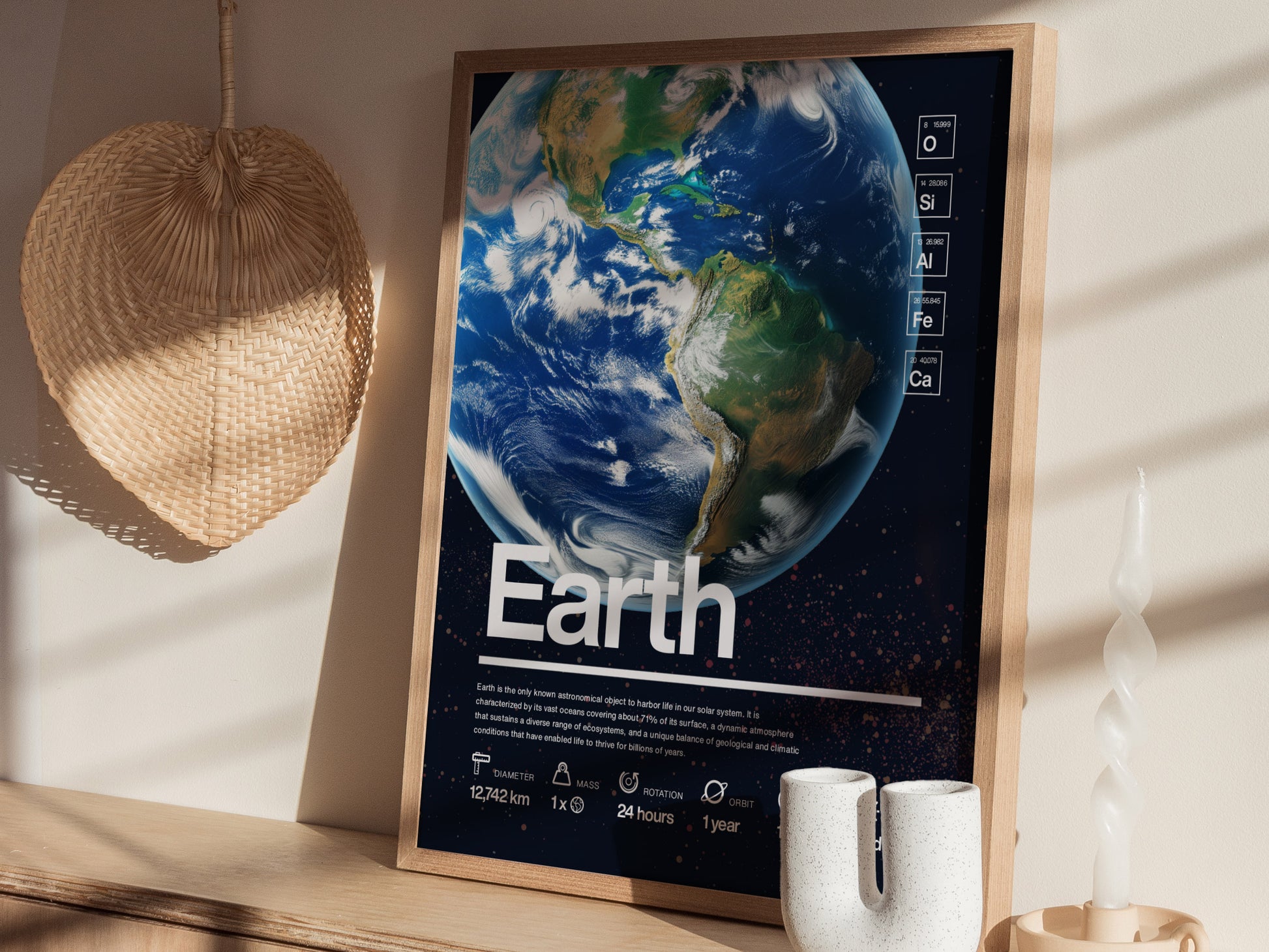 A framed poster of Earth is displayed on a wooden shelf, with a woven fan and decorative candle nearby. Sunlight casts soft shadows across the scene.
