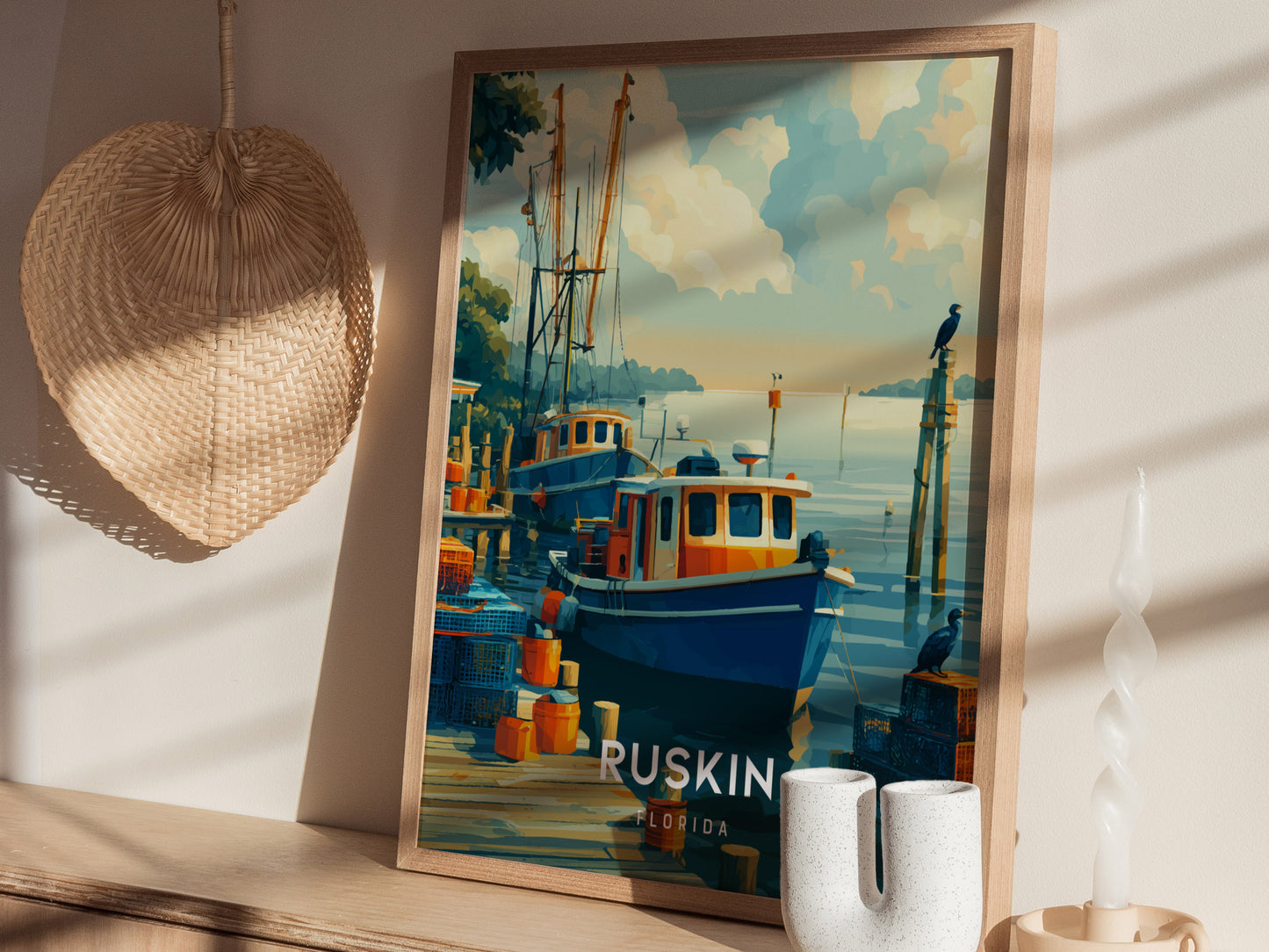 Ruskin, Florida Poster | Waterfront Sunsets & Mangrove Charm Wall Art — styled in a modern interior