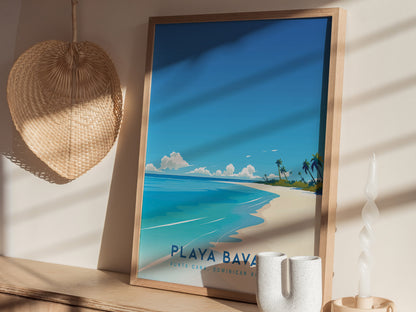 A framed poster titled Playa Bavaro showcases a serene beach scene in Punta Cana, Dominican Republic. The artwork features a calm turquoise sea, gentle waves, and a bright blue sky dotted with clouds, evoking a tropical paradise.