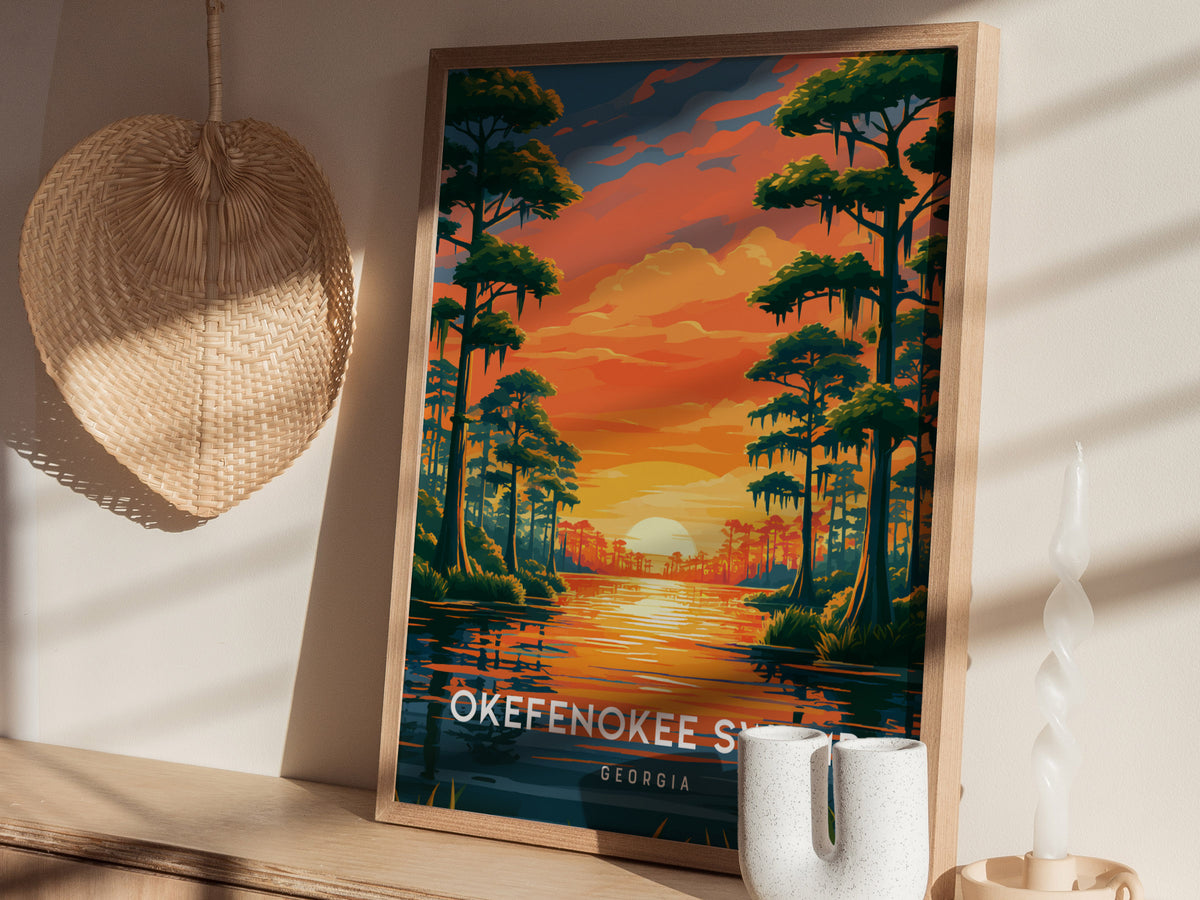 Okefenokee Swamp, Georgia Poster | Coastal Beach Decor Wetland Wildlife Wall Art — styled in a modern interior