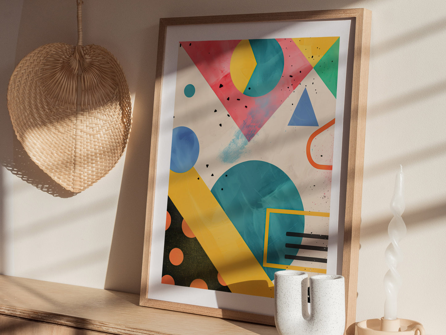 A framed abstract art piece with colorful geometric shapes is displayed on a wooden shelf next to a woven fan and a twisted candle.