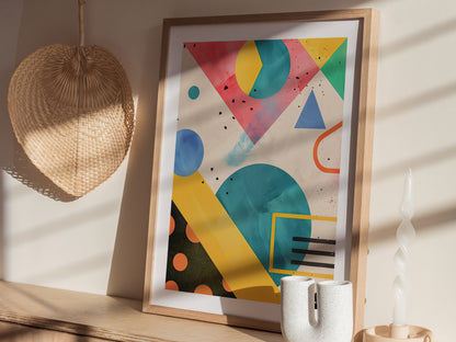 A framed abstract art piece with colorful geometric shapes is displayed on a wooden shelf next to a woven fan and a twisted candle.