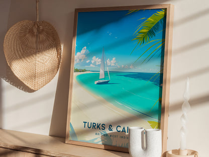 A vibrant print of a tropical beach scene featuring a sailboat on calm turquoise waters, framed by lush palm trees and a clear blue sky. The artwork is displayed on a wooden surface alongside decorative items, creating a serene atmosphere.