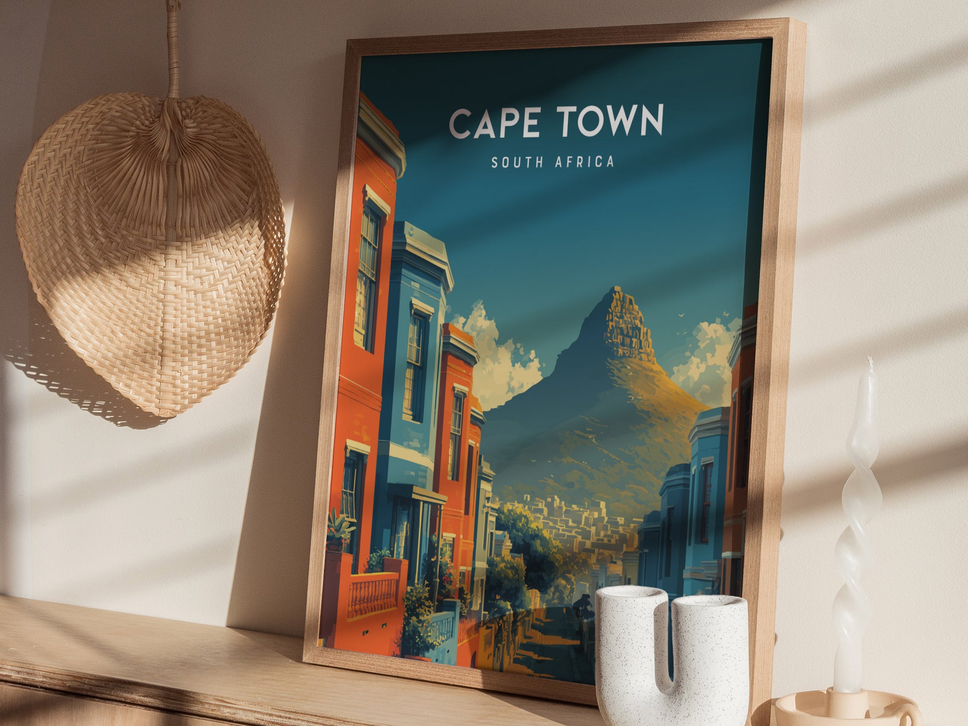 Cape Town, South Africa Poster | Table Mountain & Coastal Beach Decor Wall Art — styled in a modern interior