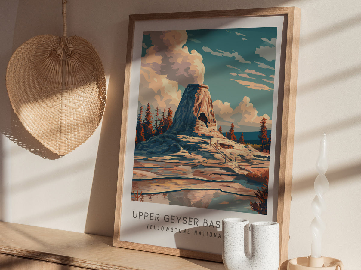 Upper Geyser Basin Trail Matte Border Poster | Yellowstone National Park Destination Print — styled in a modern interior