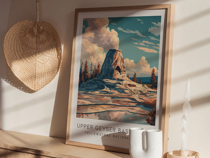 Upper Geyser Basin Trail Matte Border Poster | Yellowstone National Park Destination Print — styled in a modern interior